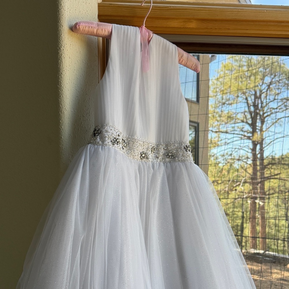 Joan Calabrese Elegant White Dress with Glittering Waistband